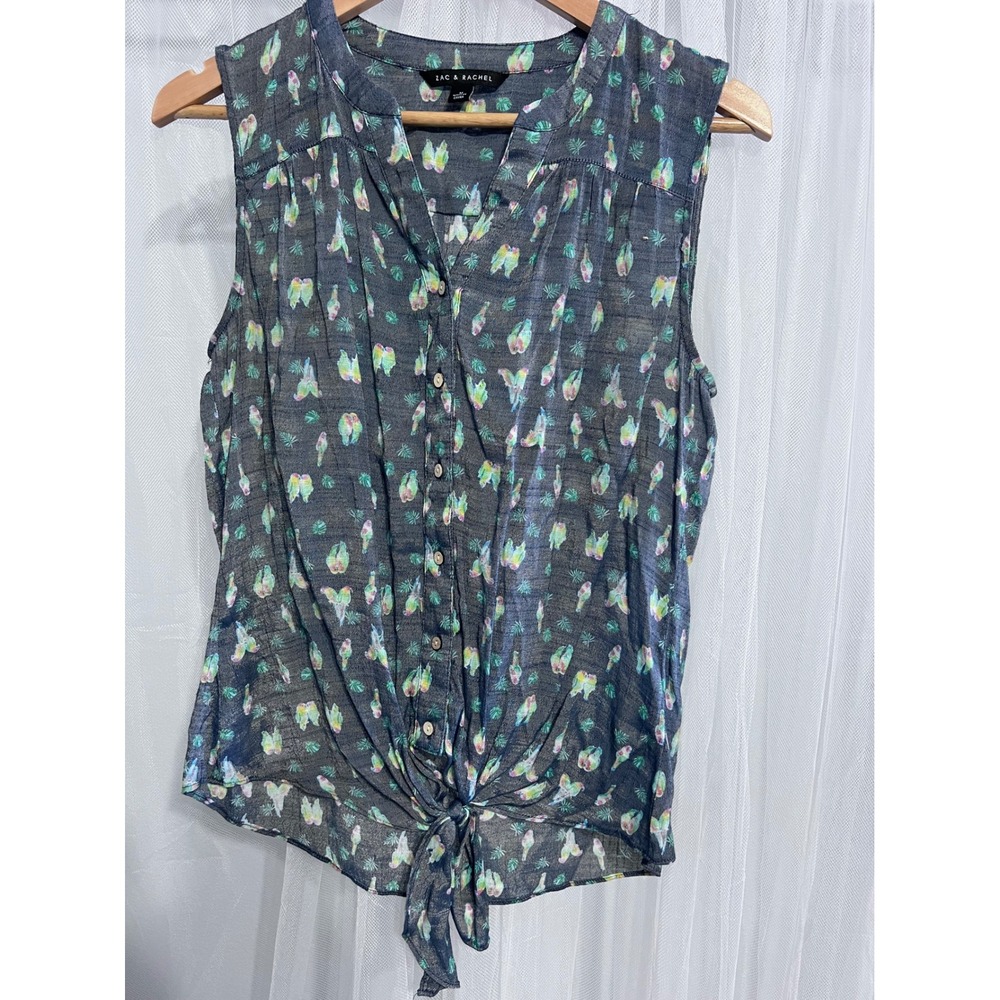 Zac &‎ Rachel Blue Tropical Parrot Tie Front Sleeveless Blouse Medium